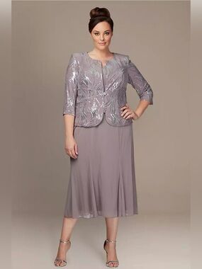 Alex Evenings Sequin Mock Two-Piece Dress with Jacket Size 14 Pewter and Silver
